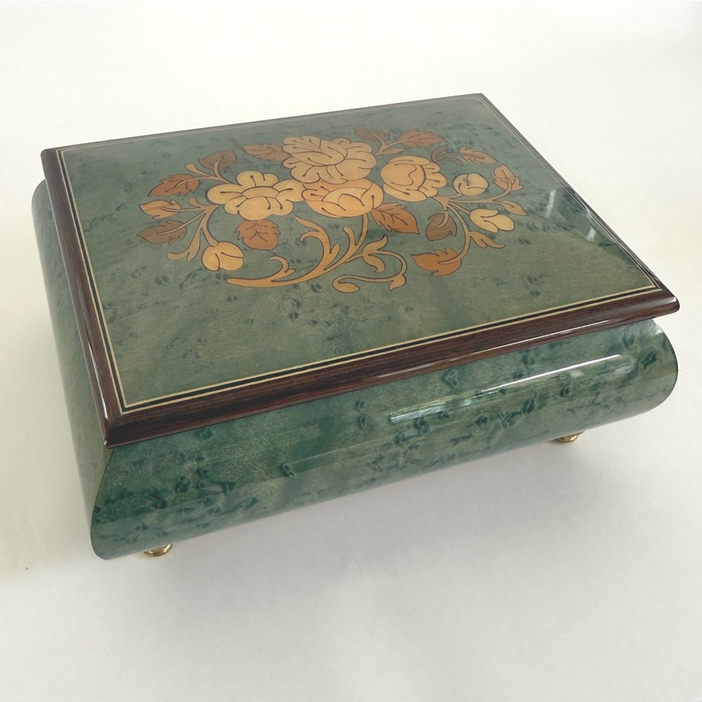 Vintage Reuge Romance Swiss Music Jewelry Box Italian Inlay Made Italy